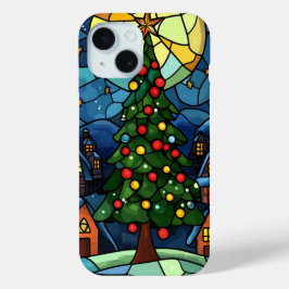 Glas in lood Kerstboom Vakantie Nacht Scene iPhone 15 Case