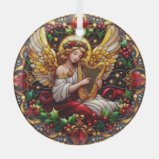 Glas in lood kerstengel met gouden harp glas ornament (Voorkant)