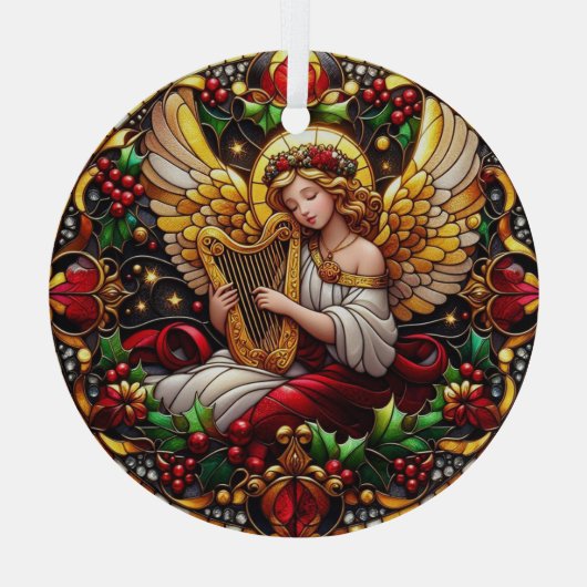 Glas in lood kerstengel met gouden harp glas ornament (Achterkant)