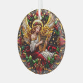 Glas in lood kerstengel met gouden harp glas ornament (Voorkant links)