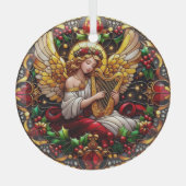 Glas in lood kerstengel met gouden harp ornament (Voorkant)