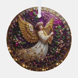 Glas in lood kerstengel met gouden harp ornament