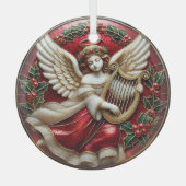 Glas in lood Kerstengel met harp en hulst Glas Ornament (Voorkant)