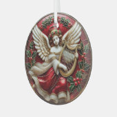 Glas in lood Kerstengel met harp en hulst Glas Ornament (Voorkant links)