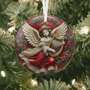 Glas in lood Kerstengel met harp en hulst Ornament
