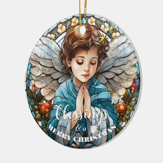 Glas in lood kerstengel zegeningen keramisch ornament (Links)