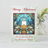 Glas in lood kerstkaars Holly Green Glitter Feestdagenkaart (Staand voorkant)