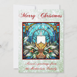 Glas in lood kerstkaars Holly Green Glitter Feestdagenkaart