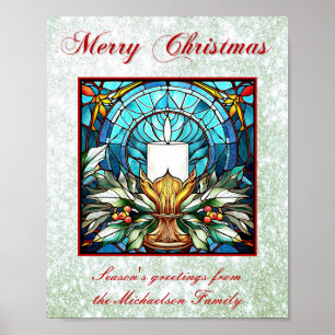 Glas in lood kerstkaars Holly Green Glitter Poster