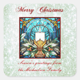 Glas in lood kerstkaars Holly Green Glitter Vierkante Sticker