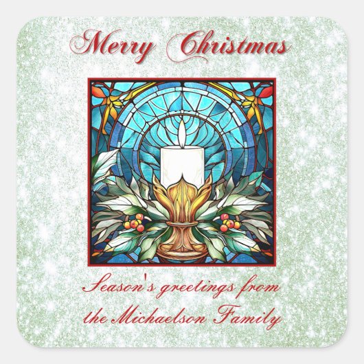 Glas in lood kerstkaars Holly Green Glitter Vierkante Sticker (Voorkant)