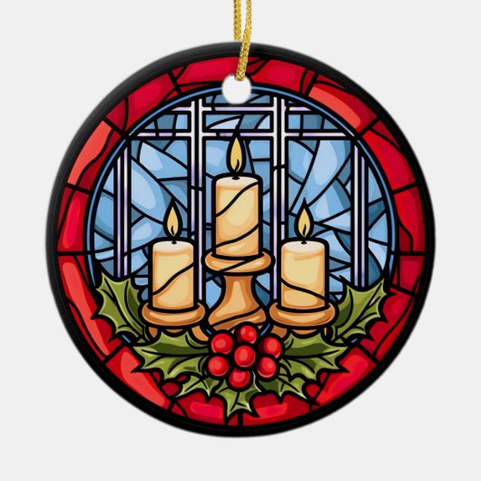 Glas in lood kerstkaarsen keramisch ornament (Voorkant)