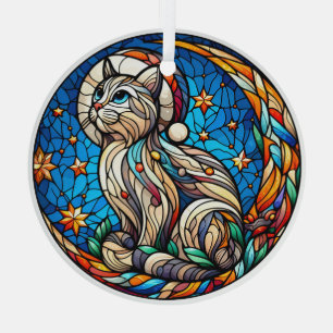Glas in lood kerstkat en halve maan ornament
