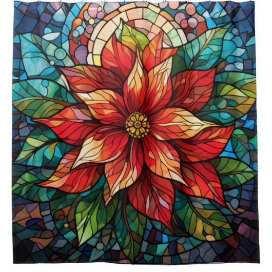 Glas in lood Kerstmis Douche Gordijn Poinsettia (Voorkant)