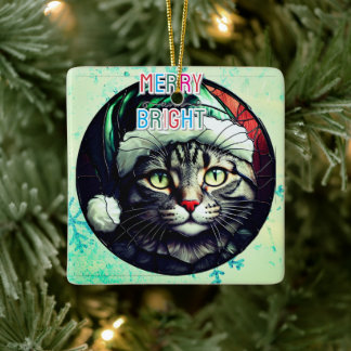 Glas-in-lood Kerstmis Grijs Tabby In Groene Hoed Keramisch Ornament