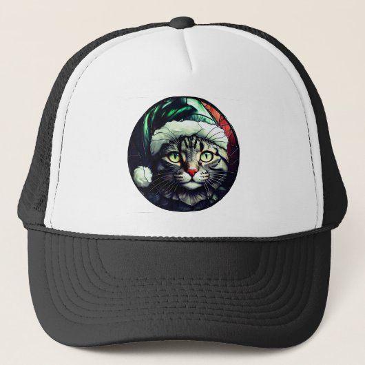 Glas-in-lood Kerstmis Grijs Tabby In Groene Hoed Trucker Pet (Voorkant)