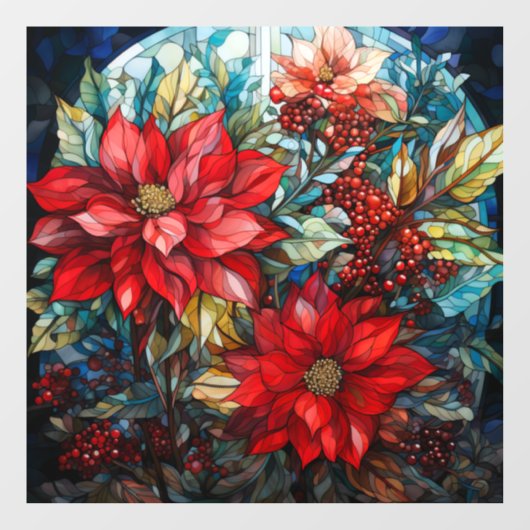 Glas in lood Kerstmis Poinsettia Venster Cling Raamsticker (Vel)
