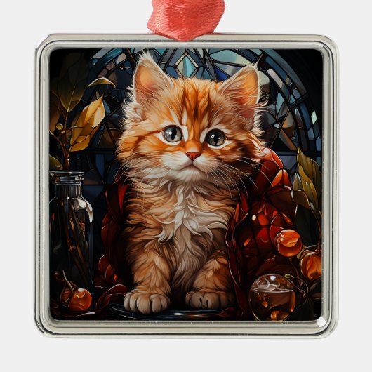 GLAS IN LOOD KERSTMIS SINAASAPPEL TABBY KITTEN METALEN ORNAMENT (Voorkant)