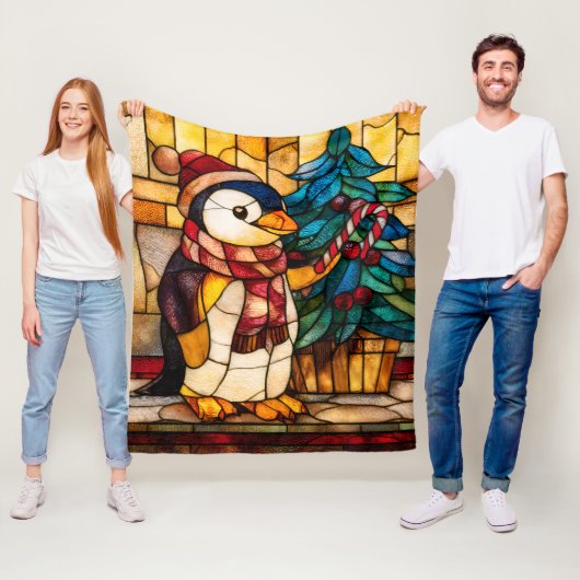 Glas-in-lood Kerstpinguïn Fleece Deken (In situ)
