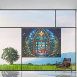 Glas-in-lood kerststal kerstmis kerk kunst raamsticker