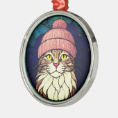 Glas-in-lood kersttabbykat in roze muts metalen ornament (Links)