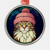 Glas-in-lood kersttabbykat in roze muts metalen ornament (Voorkant)