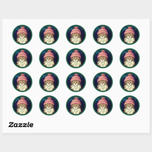 Glas-in-lood kersttabbykat in roze muts ronde sticker (Vel)