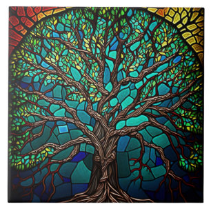 Glas in lood kleurrijke boom van Life Keramische T Tegeltje