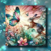 Glas in lood konijn en vlinder Christelijk Pasen Feestdagenkaart