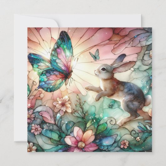 Glas in lood konijn en vlinder Christelijk Pasen Feestdagenkaart (Voorkant)