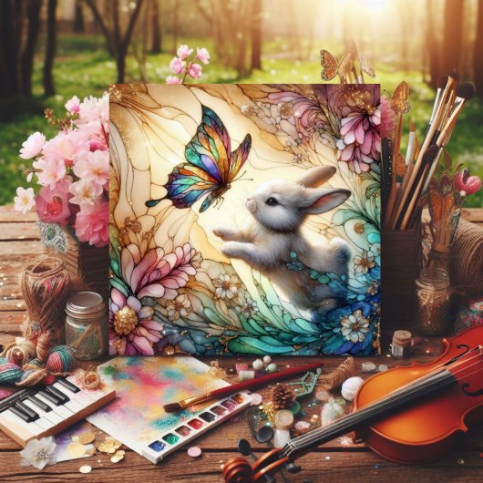 Glas in lood konijntje en vlinders paasfeest feestdagenkaart