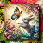 Glas in lood konijntje en vlinders paasfeest feestdagenkaart