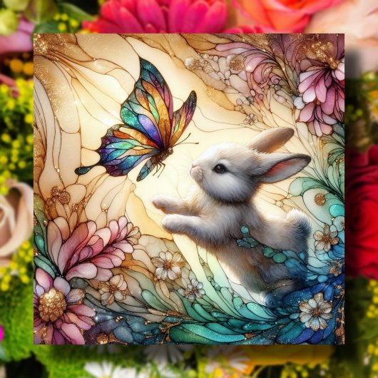 Glas in lood konijntje en vlinders paasfeest feestdagenkaart