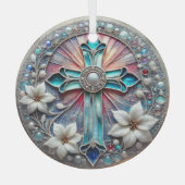 Glas in lood Kruis met Parels en Poinsettia's Glas Ornament (Voorkant)