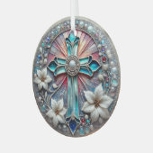 Glas in lood Kruis met Parels en Poinsettia's Glas Ornament (Voorkant links)