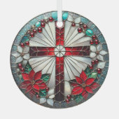 Glas in lood Kruis met Poinsettias Glas Ornament (Voorkant)