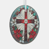 Glas in lood Kruis met Poinsettias Glas Ornament (Voorkant Rechts)