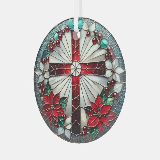 Glas in lood Kruis met Poinsettias Glas Ornament (Voorkant links)