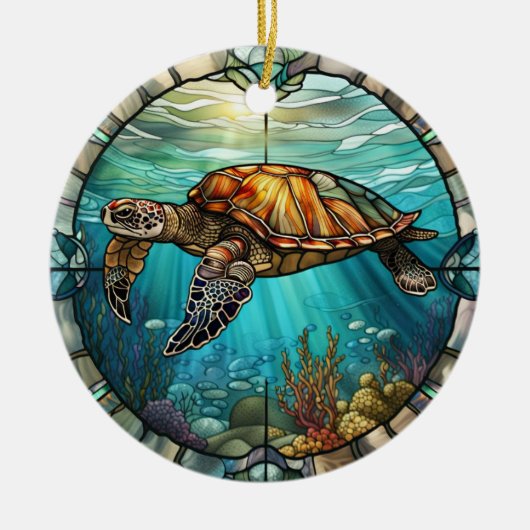 Glas in lood Kunst, Glas in lood Zee Schildpad Cer Keramisch Ornament (Voorkant)