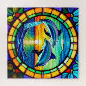 Glas in lood kunst met dolfijnen springen bij zons legpuzzel (Horizontaal)