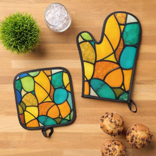Glas in lood kunst ovenwant & pannenlap set (Top down)