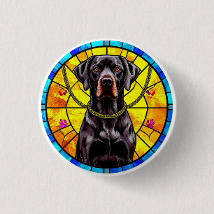 Glas-in-lood-kunstwerk met een zwarte hond ronde button 3,2 cm