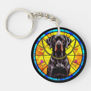 Glas-in-lood-kunstwerk met een zwarte hond sleutelhanger