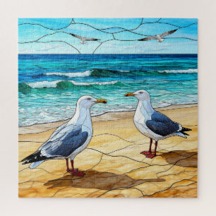 Glas-in-lood-kunstwerk van meeuwen op een strand legpuzzel