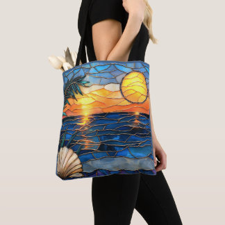 Glas-in-lood Kustzonsondergang Boodschappentas Tote Bag