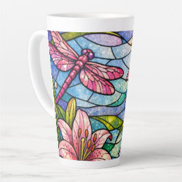 Glas-in-lood-lelies en libellen roze latte mok