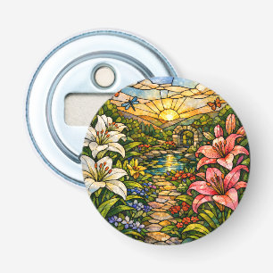 Glas-in-lood-lelies en zonneschijn button flesopener