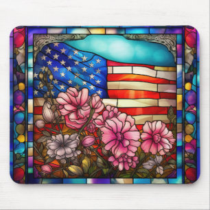 GLAS IN LOOD LOOK AMERIKAANSE VLAG EN BLOEMEN MUISMAT