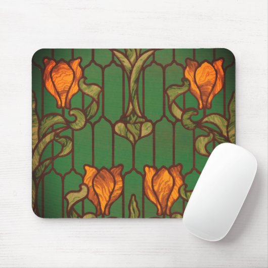 Glas in lood look bloemenart nouveau oranje groen muismat (Met muis)