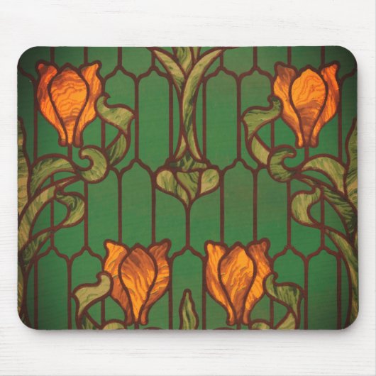 Glas in lood look bloemenart nouveau oranje groen muismat (Voorkant)